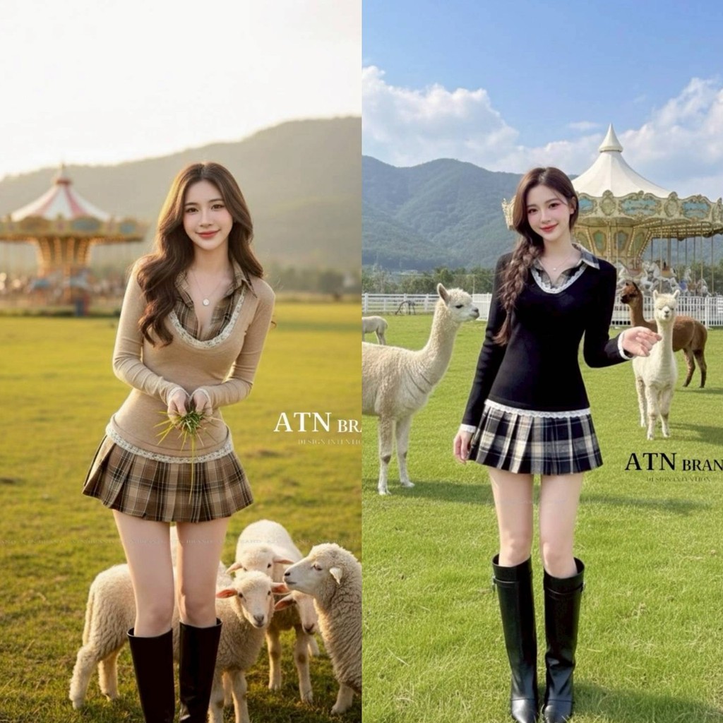 (พร้อมส่ง) ATN140 มินิเดรสแขนยาวแต่งผ้าลายสก็อต ปลายกระโปรงแต่งจีบระบาย ช่วงอกมีผ้าลูกไม้ สวย ดูดี