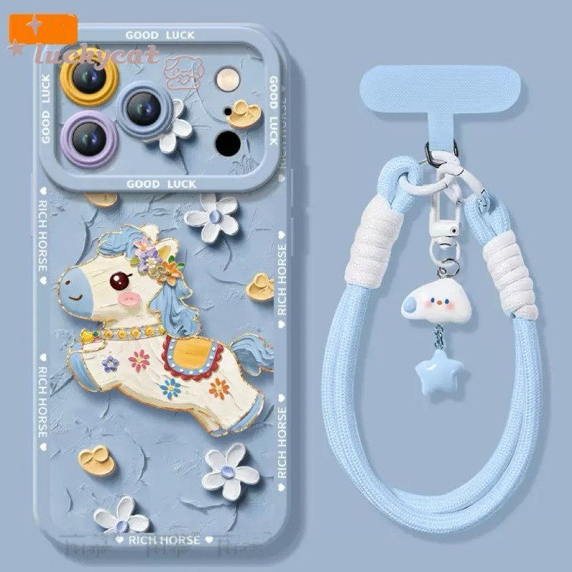 น่ารักภาพวาดสีน้ํามันสีฟ้าดอกไม้ผมยาวม้าเคสโทรศัพท์สําหรับiPhone 17 16 15 14 13 12 11 Pro Max X Xr Xs Max 7 8 Plus SE2020