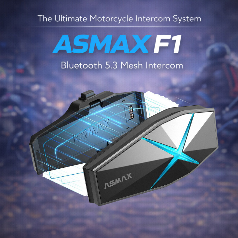 ASMAX F1 Motorcycle Intercom - 10-Person Mesh Communication, Bluetooth 5.3, Voice Control, Noise Can