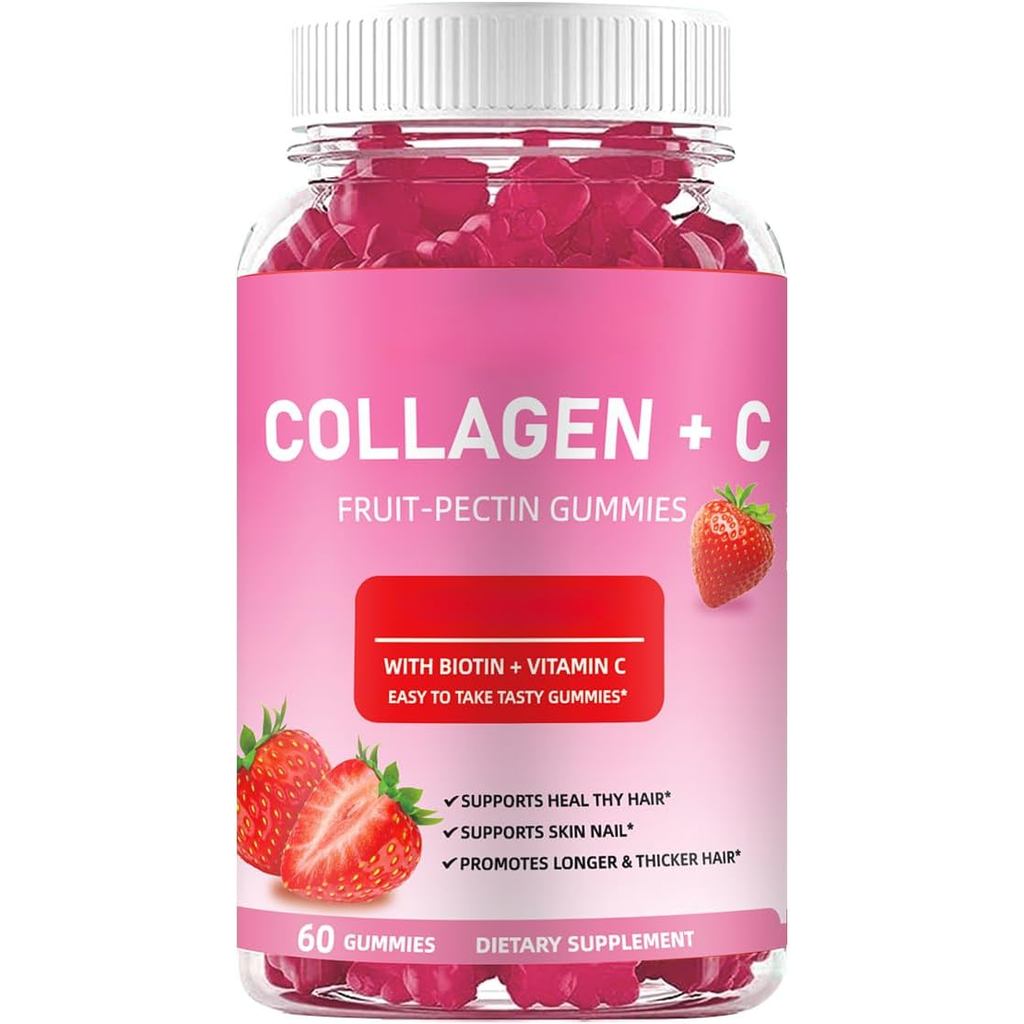 คอลลาเจน กัมมี่ พร้อมวิตามินซี ไบโอติน & วิตามินรวม - ผม ซัพพอร์ตผิวและเล็บ รสสตรอเบอร์รี่ 5000 mcg 
