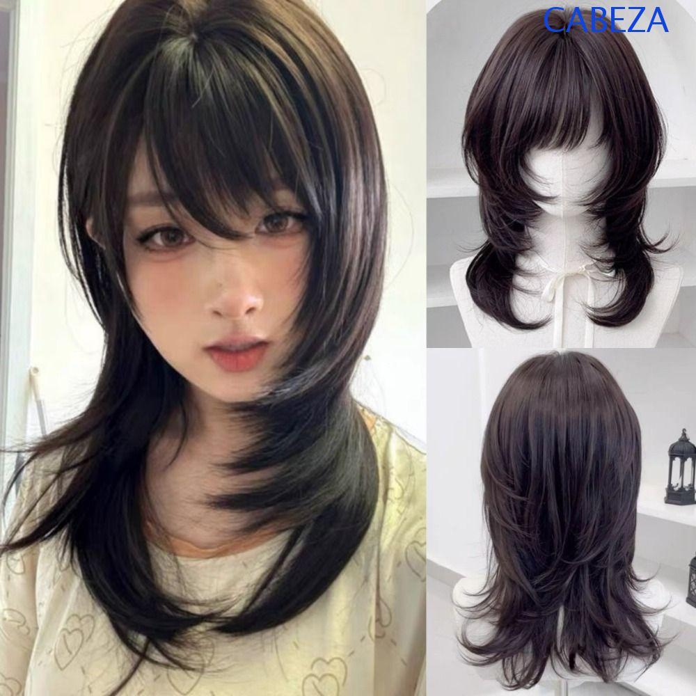 CABEZA แมงกะพรุนวิกผม Bangs, สังเคราะห์สีน้ําตาลสีดําขนาดกลางตรง Layered วิกผม, Full Head ธรรมชาติ M