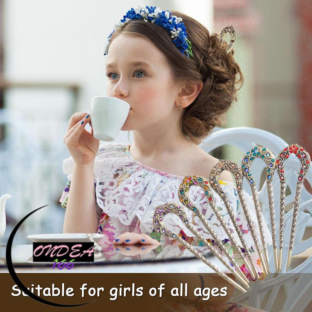 ONDEAL66 Vintage ส้อมผมคริสตัล Hairpin โลหะ U รูป