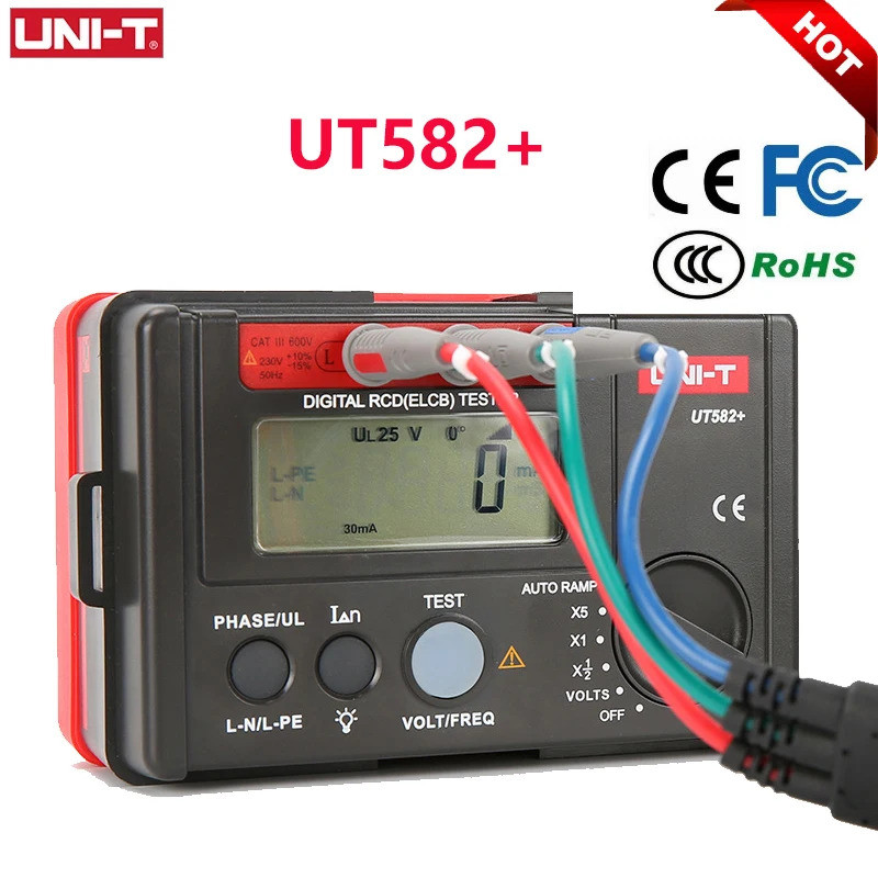 UNI-T Leakage Circuit Breaker Meter UT582+ Digital RCD (ELCB) เครื่องทดสอบความต้านทาน RAMP อัตโนมัติ