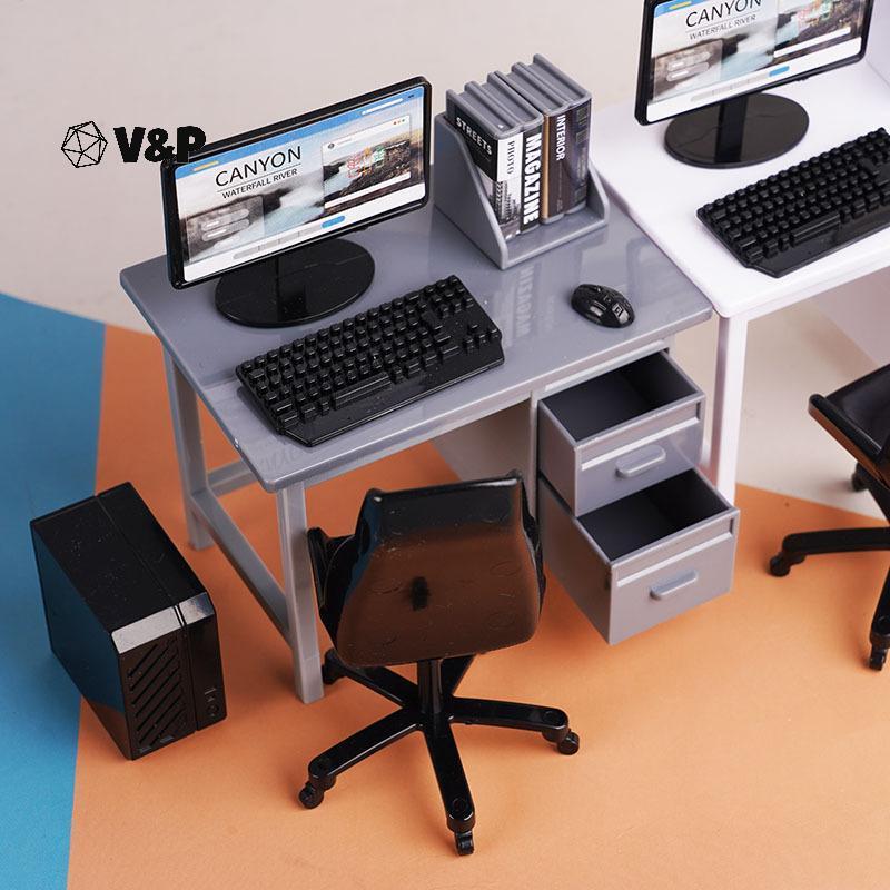 V & P 1 ชุด 1/12 Dollhouse Miniatureputer คีย์บอร์ดโต๊ะเก้าอี้ชุด Home Study Room เฟอร์นิเจอร์ตกแต่ง