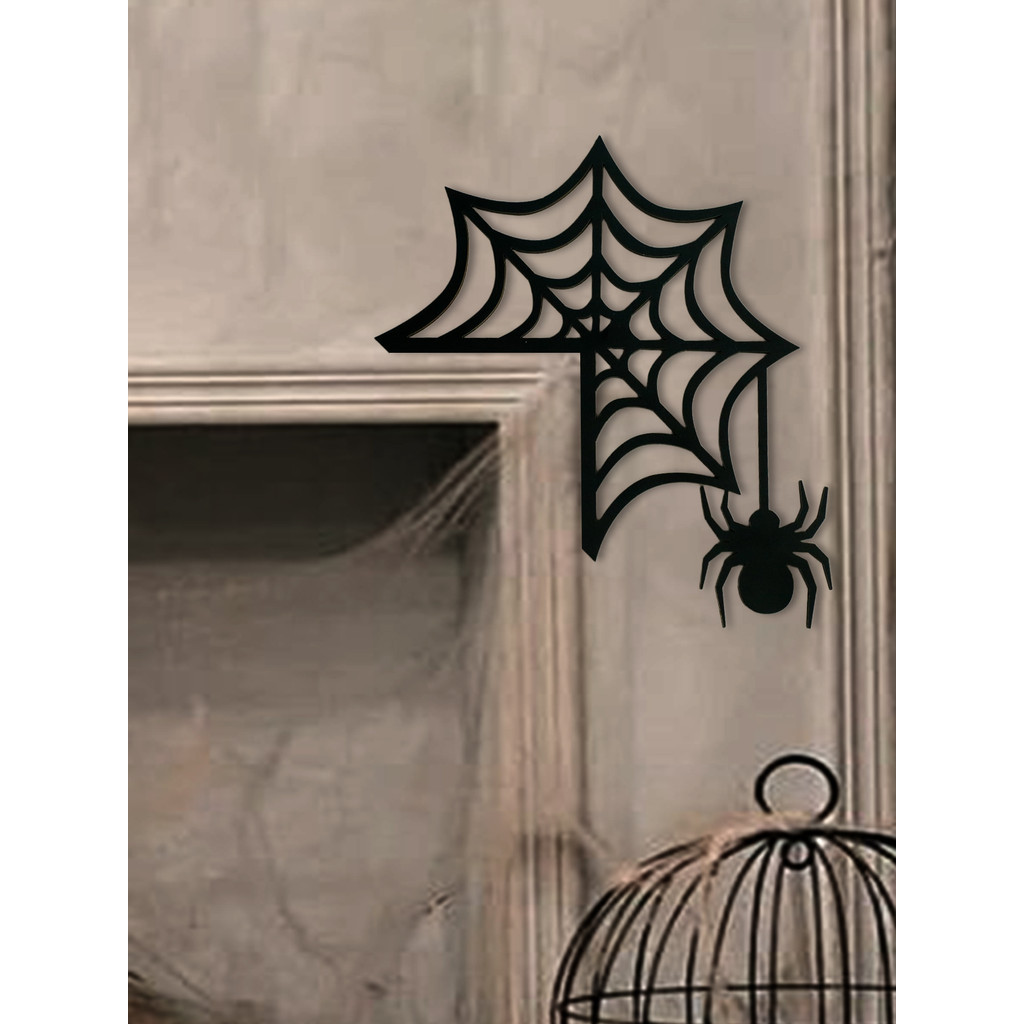 Gothic Halloween Door Corner Decor Spider Web & Spider Design Wall Sculpture กรอบสีดําไม้แขวนเครื่อง