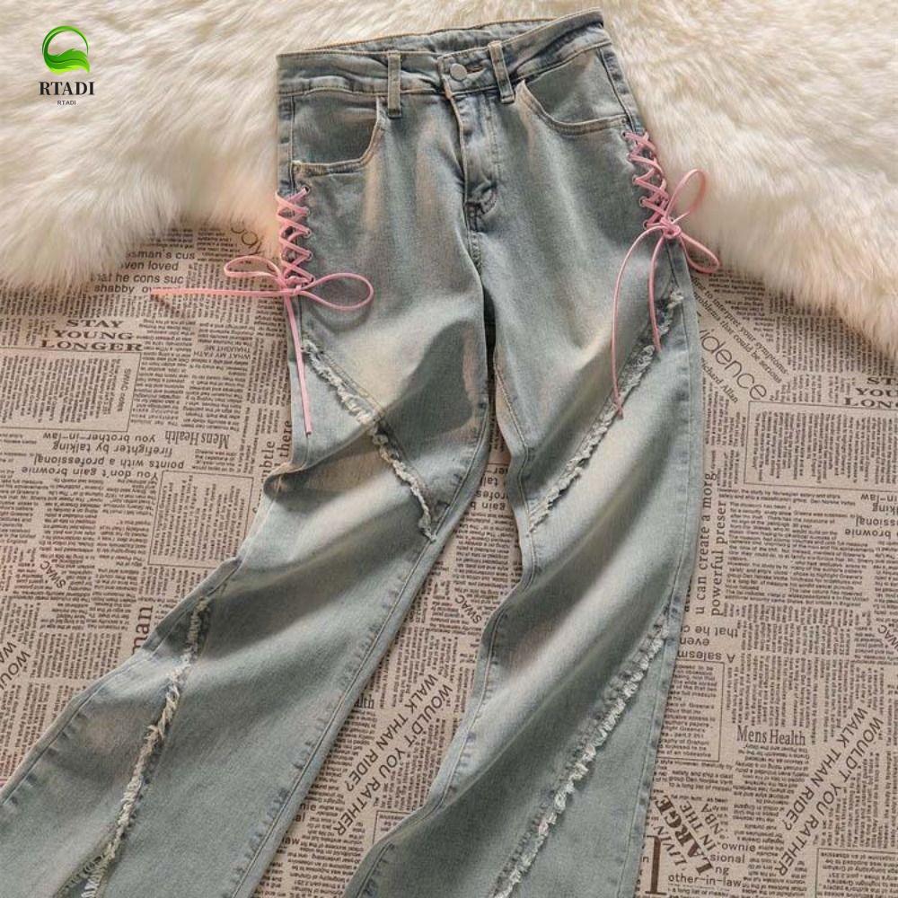 RTADI ผู้หญิง Bell-กางเกงกางเกง,ไม่สม่ําเสมอ Patchwork Y2k Bow Denim กางเกงยีนส์,แฟชั่น Streetwear เ