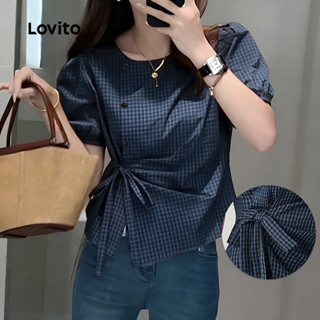 Lovito  เสื้อเชิ้ตลําลองผู้หญิง ผูกโบว์แบบไม่สมมาตร สีฟ้าเข้…