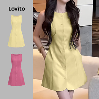 Lovito ชุดเดรสลำลองพร้อมกระเป๋าติดกระดุม สีเหลือง นุ่มสบาย ส…