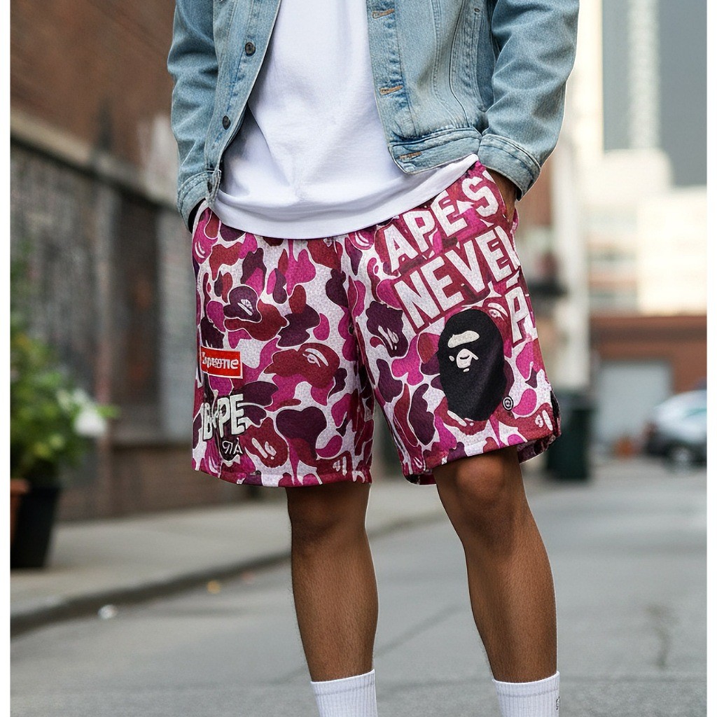 อาร์ตีส ® Bape taslan กางเกงขาสั้นตาข่ายสั้น drifit เหมาะสําหรับทั้งชายและหญิง ชุดสตรีทสั้นระบายความร้อนด้วยอากาศพิมพ์ลายเต็มตัว
