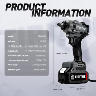 TIRITHE cordless wrench ประแจผลกระทบ 20V ประแจไร้แปรงถ่าน 500NM พร้อมแบตเตอรี่ 2 ก้อน