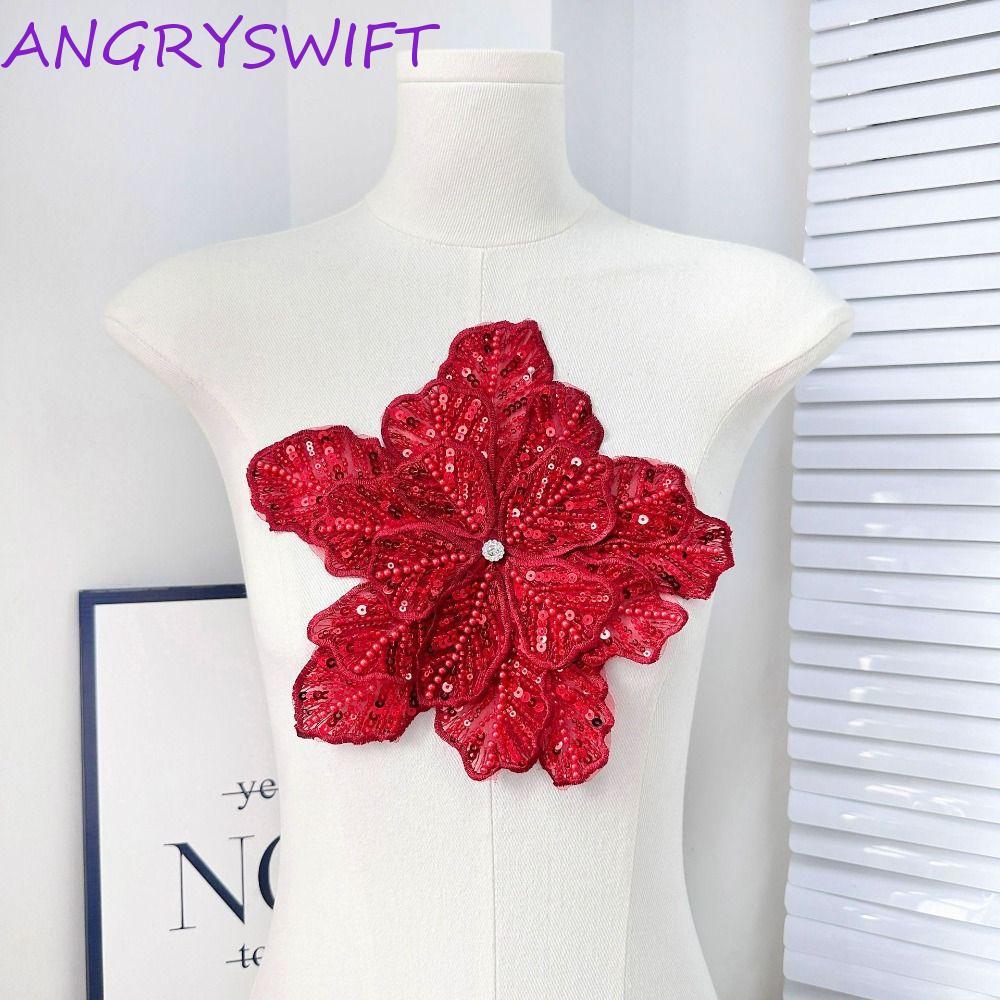 ANGRYSWIFT แพทช์ตกแต่งเสื้อผ้า ปักดอกไม้ขนาดใหญ่ เข็มกลัด 3D กะพริบ สำหรับงาน DIY