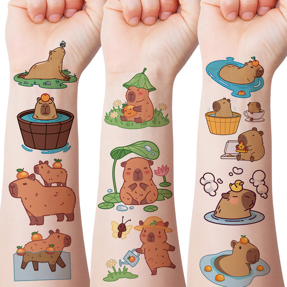 15 Sheets Cute Capybara Temporary Tattoo Stickers - Whimsical Animal Love &Donut & Rainbow Capybara 
