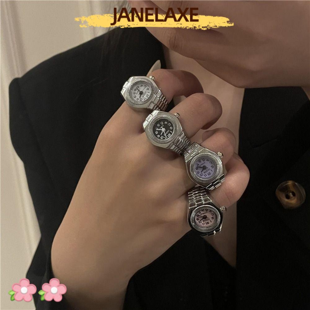 JANELAXE932JN แหวนคู่โลหะผสม นาฬิกาควอตซ์โรมัน ขนาดเล็ก สายยางยืด