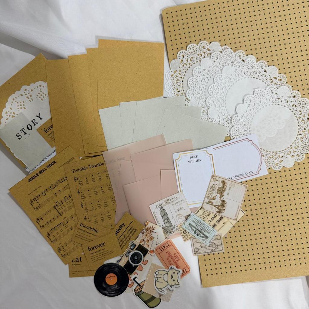 40 pcs ชุดวารสารสมุดภาพ Journal Kitni Journal ชุดสติกเกอร์ doilies กระดาษสีน้ําตาล Journal ชุดไดอารี