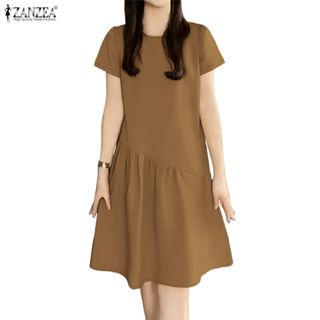 ZANZEA ชุดเดรสคอกลมแขนสั้นมีกระดุมหลัง สไตล์เกาหลีสำหรับวันส…