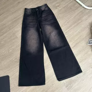 #212 (XS-6XL) jinjeans กางเกงยีนส์ขากระบอกใหญ่ baggy jeans สีดำเฟดชมพู