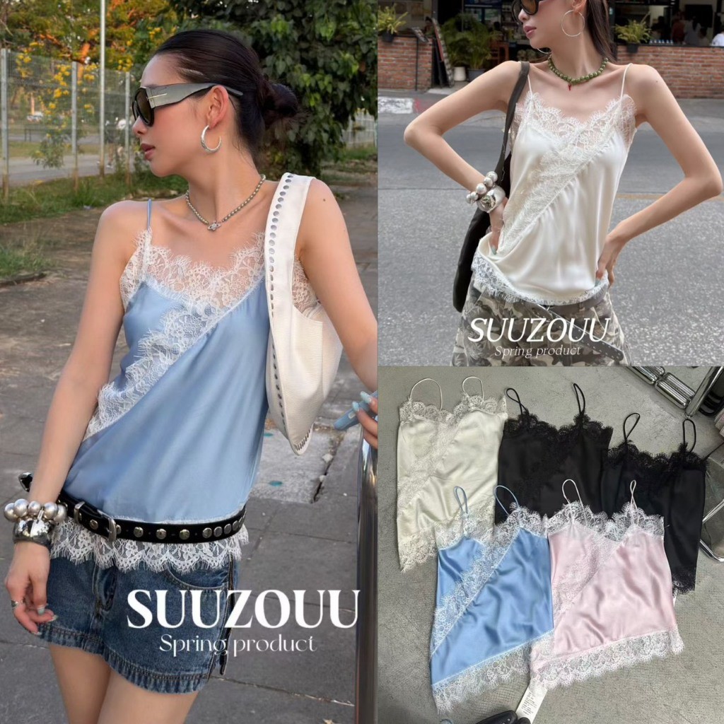 ❤ 🧵 🇰🇷 SU616 เสื้อสายเดี่ยว ผ้าซาติน แต่งผ้าลูกไม้เฉียง งานฮิตตลอดกาล ผ้าดี ทรงสวย แฟชั่นเกาหลี TAG MM fish 🧵🧡