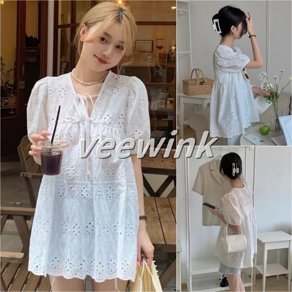 Veewink เดรสเชิ้ตสีขาวคอวีฉลุลูกไม้ ความยาวกลาง ทรงหลวม ดีไซน์เก๋ ดูแพง ไม่ซ้ำใคร เนื้อผ้าบางเบา กันแดด