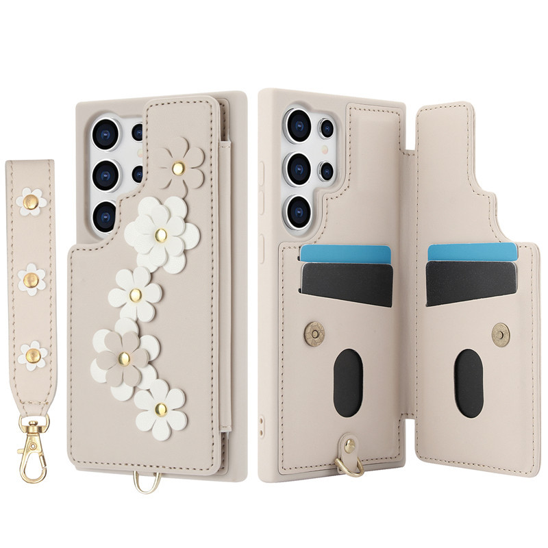 SAMSUNG 3Dดอกไม้พลิกเคสโทรศัพท์สําหรับSamsung S26 25 S24 S23 S22 Ultra/Plus/ S26 edge S25FE S23FEหนังAnti fall shell Diagonal Spanการ์ดEnclosure