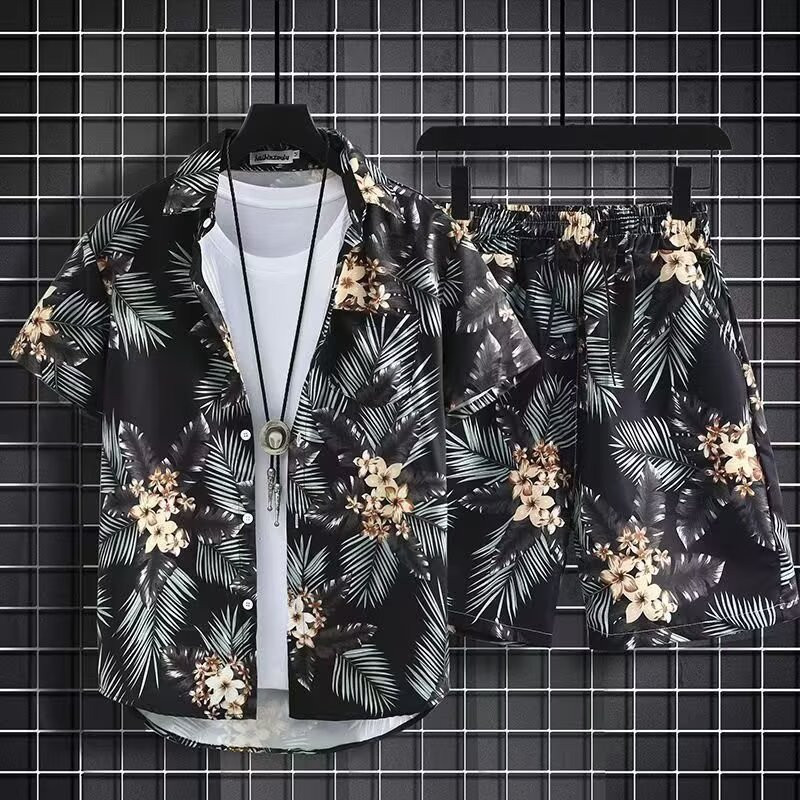 ชุดลำลองฤดูร้อนสำหรับผู้ชาย เสื้อฮาวายลายดอกไม้พร้อมกางเกงขาสั้น