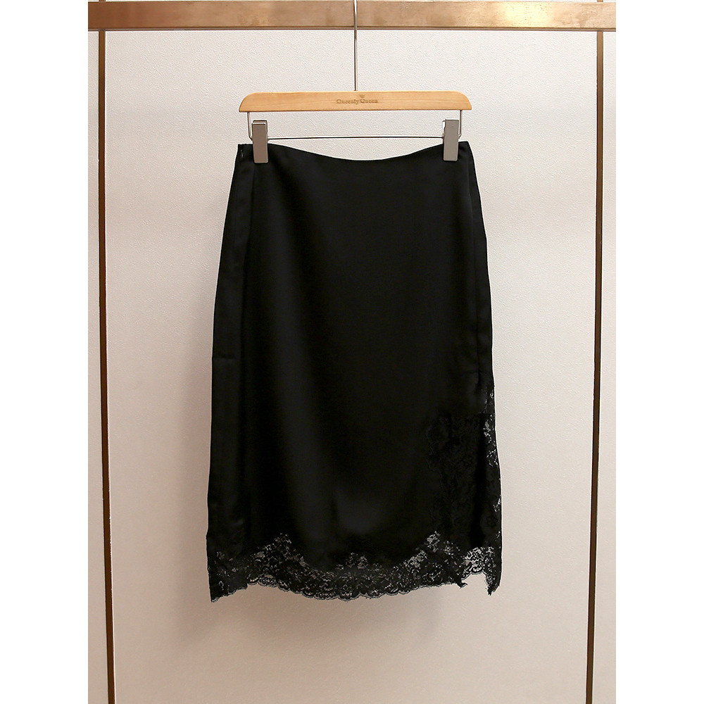 UN9O Self-Portrait Women's Autumn New French Sexy Style Heavy Lace Patchwork Satin A Word Skirt