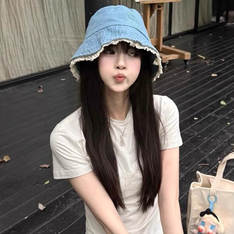 หมวกสไตล์เกาหลีสีฟ้ายีนส์สำหรับผู้หญิง ป้องกันแสงแดดน่าสวมใส่ในฤดูร้อน