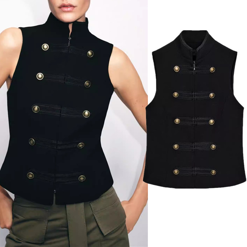 ZA Stand-Up Collar แขนกุดปุ่มปลอมซิปสไตล์ Knot Buttoned Vest Top 2470631