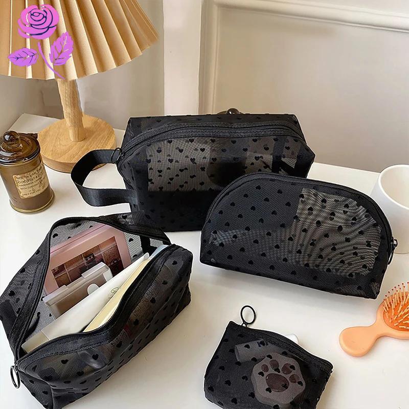 Good Love พิมพ์ตาข่ายกระเป๋าเครื่องสําอางแบบพกพา Toiletry Organizer กระเป๋าแต่งหน้ามัลติฟังก์ชั่โปร่