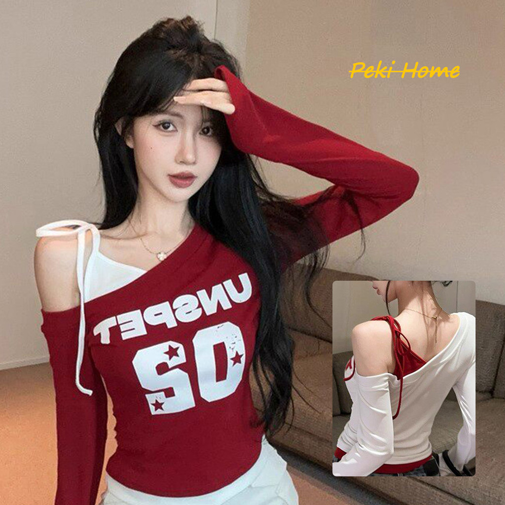 เสื้อยืดผู้หญิงเปิดไหล่ สไตล์สาวอเมริกัน สีแดงขาว เสื้อแขนยาวแฟชั่น