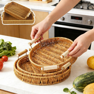 ตะกร้าหวายสาน ถาดหวายเปีย พร้อมที่จับ ทรงกลมสี่เหลี่ยม สําหร…