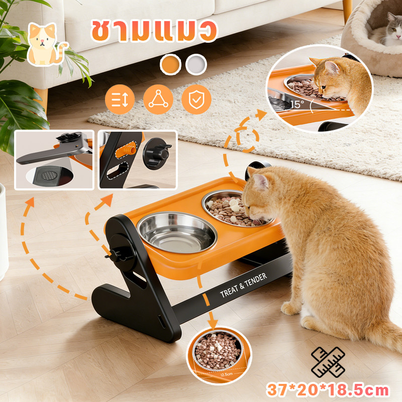🐱ชามแมว สแตนเลส การออกแบบชามคู่ ปรับความสูงได้ ถอดออกได้ ทำความสะอาดง่าย ป้องกันการพลิกคว่ำ