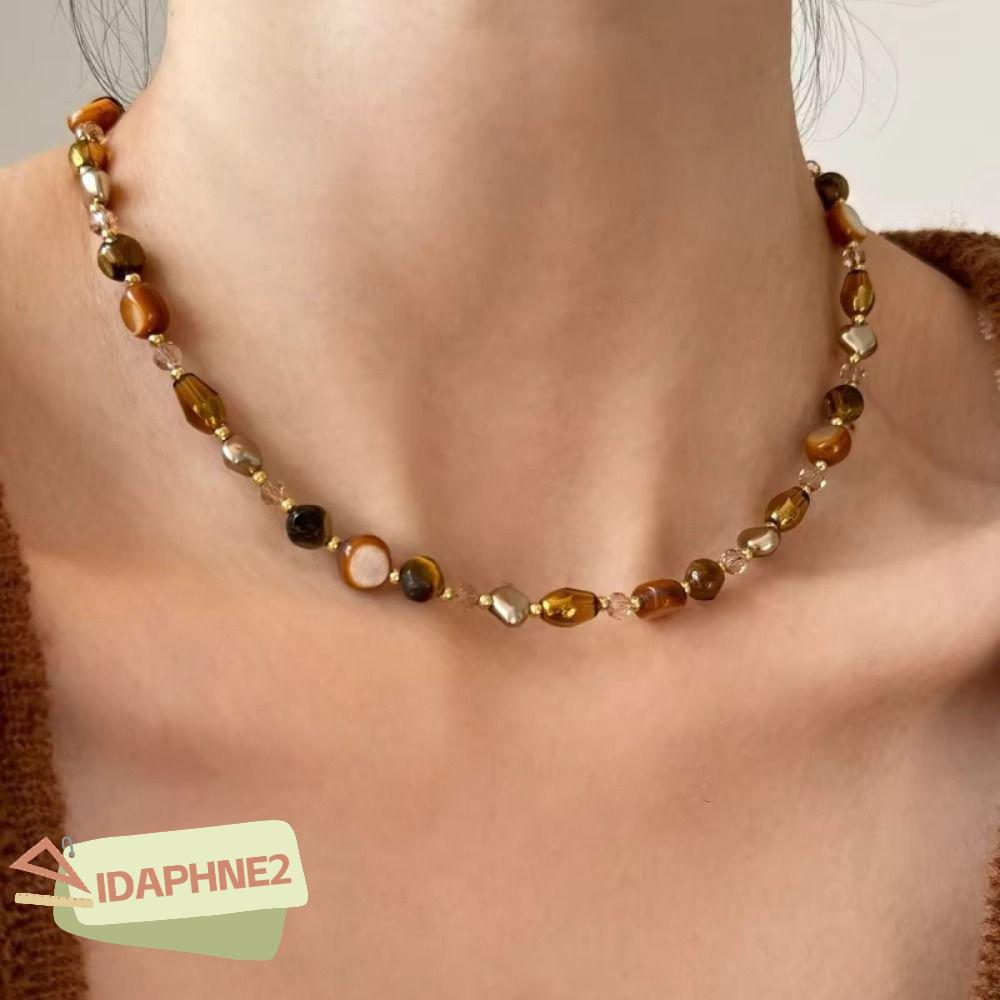 IDAPHNE2 สร้อยคอหินตา, ประดิษฐ์แก้ว Maillard ไข่มุกลูกปัดสร้อยคอ, แฟชั่น Retro Stackable คอรอบเครื่องประดับอุปกรณ์เสริมสําหรับผู้หญิง