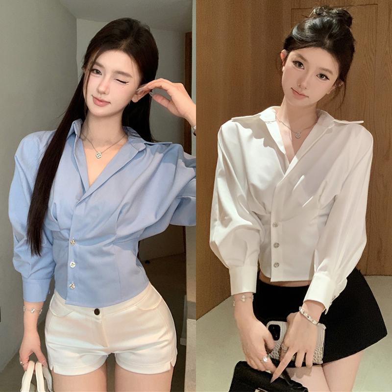 เสื้อเชิ้ตแขนสามส่วน คอปกวีหน้า ทรงรัดเอว ใส่แล้วดูเอวเล็กลง แฟชั่นเกาหลีสไตล์OL-พร้อมส่งจากไทย-รุ่น99050