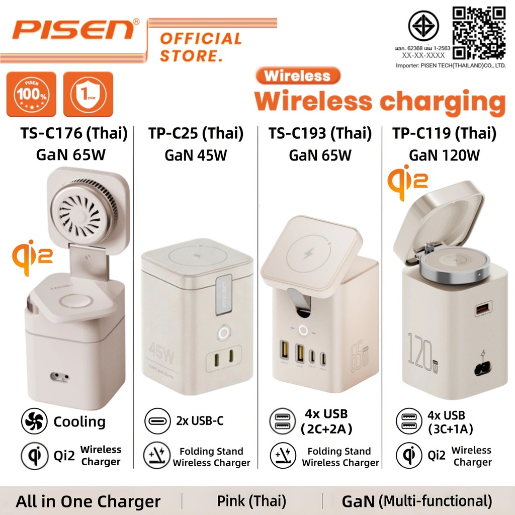 PISEN GaN120W 65W 45W Type C Fast Charger 15W Magnetic Wireless Charger Desktop Foldable C25