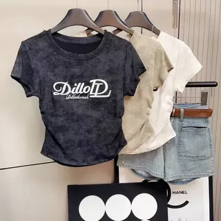 [Y D]🔥พร้อมส่ง🔥 เสื้อเด็กผู้หญิง เสื้อยืดแขนสั้น เสื้อครอปท็อป คอกลม เอวเข้ารูป พิมพ์ลายอักษร สไตล์เกาหลี #453