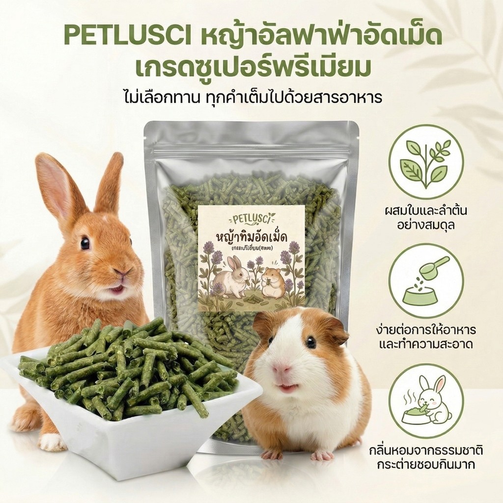 🐰PETLUSCI🐹 Super Premium หญ้าอัลฟาฟ่าอัดเม็ด 100% โปรตีนสูง 18% สำหรับกระต่าย หนูแกสบี้ ชินชิล่า