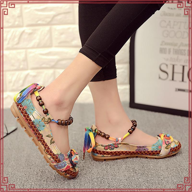 Sh9 ผู้หญิง Lace Up Beading รอบ Toe Flats รองเท้าไม่มีส้น