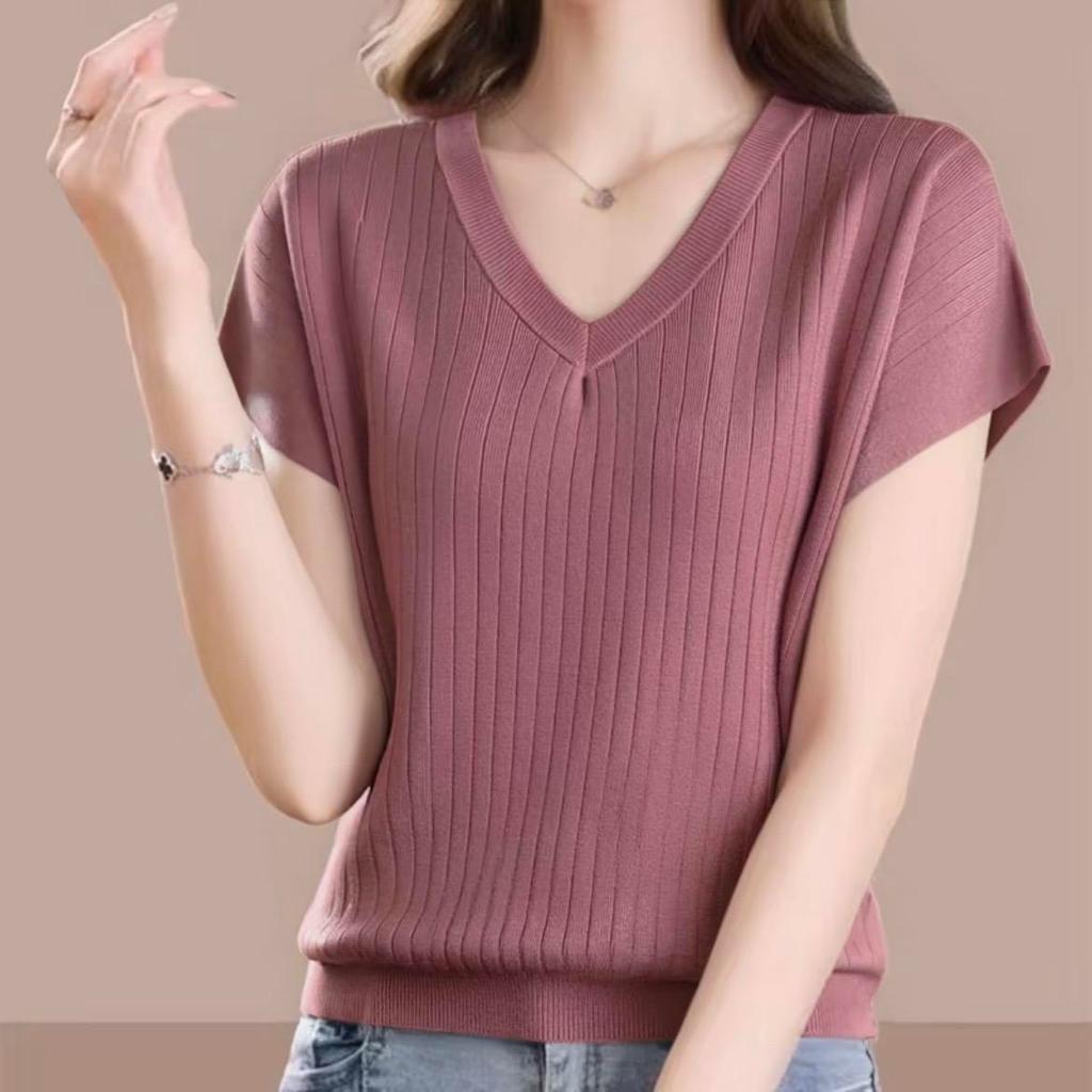 15642 เสื้อแขนสั้นผ้าฝ้ายแท้สำหรับผู้หญิง คอวี ทรงหลวม มีหลายสีให้เลือก