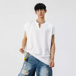 MR9 Sleeveless Top BX14 เสื้อแขนกุด เสื้อกล้าม คอHenley Oversize ลำลอง Man Clothing ดำ ขาว และครีม