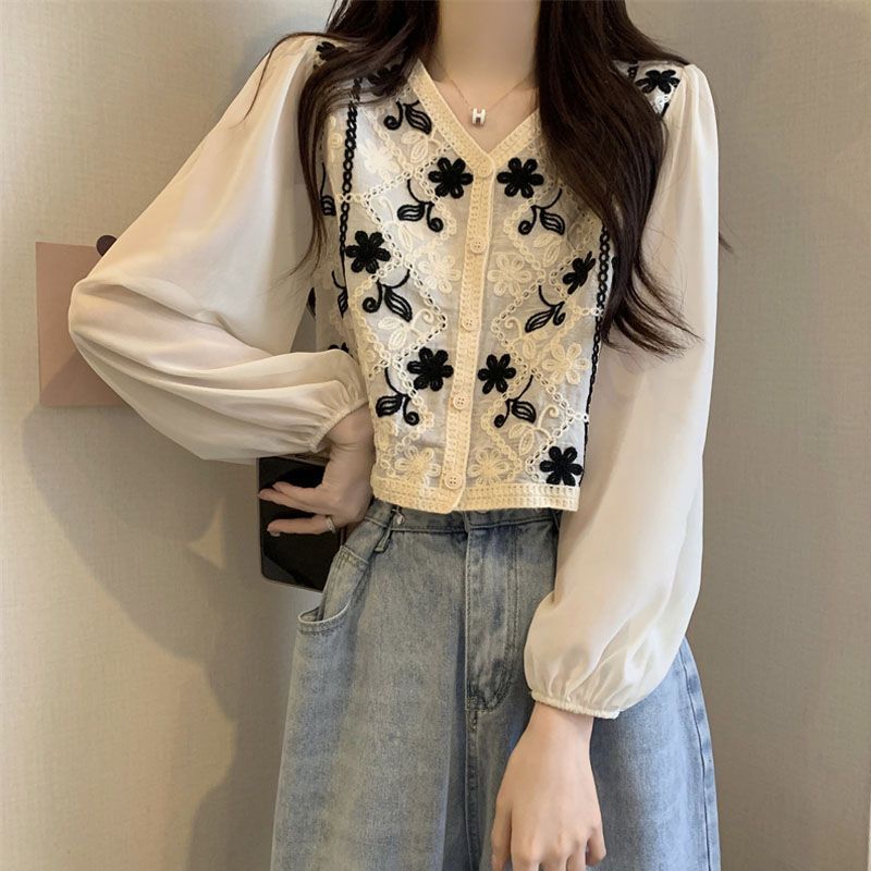 เสื้อลายลูกไม้สไตล์ฝรั่งเศสสำหรับฤดูร้อน แขนยาวจากเนื้อชีฟอง พร้อมการออกแบบลายปักดอกไม้
