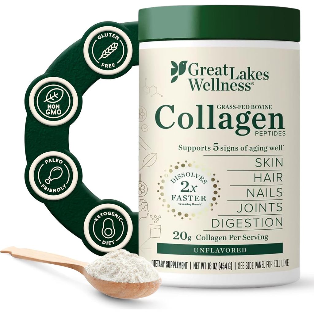 Great Lakes Wellness Collagen Peptides Powder – รองรับ , ผม, เล็บ, ข้อต่อและย่อยอาหาร – Hydrolyzed, 