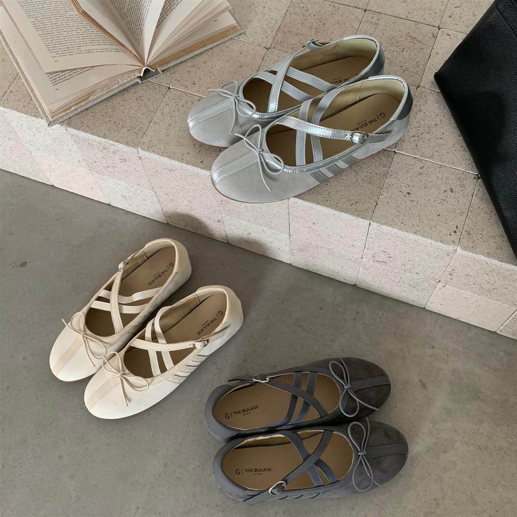 TT Sweet Cross Strap Bow รองเท้าบัลเล่ต์ผู้หญิงแบนรองเท้าแมรี่เจนรองเท้าเดียวสบาย