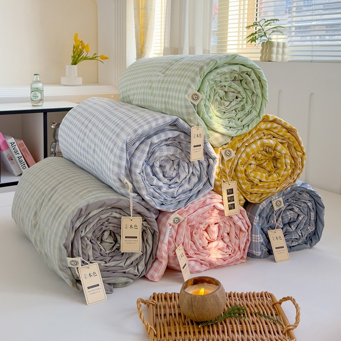 สไตล์ญี่ปุ่น ผ้านวม serushion ผ้านวม Baby/Single/queen/king Size ลายตาราง Super Soft Skin friendly ผ้านวมบาง