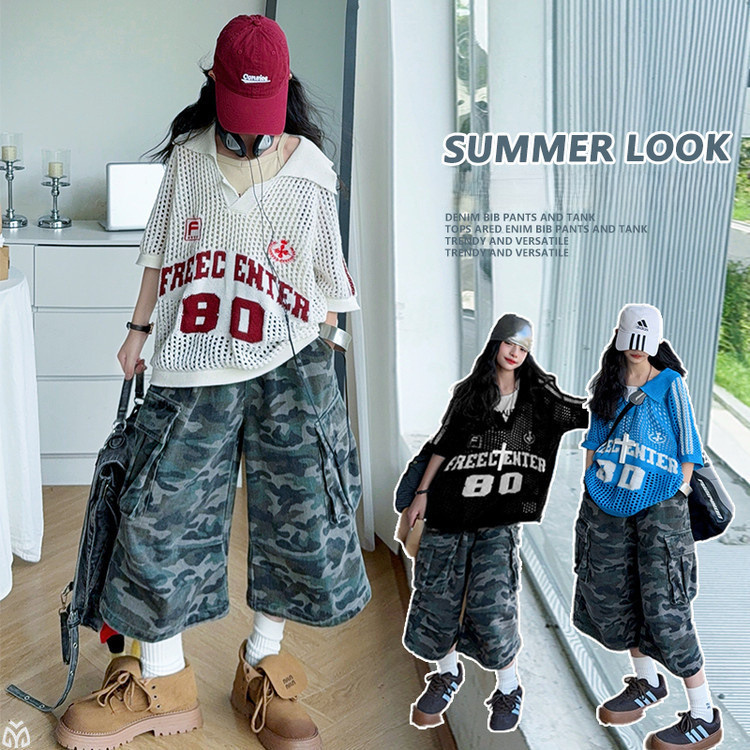 อายุ 9-15 ปี เด็กสาวถักเสื้อยืดกลวงออกปกหลวมครีมกันแดดเสื้อวัยรุ่นฮิปฮอปแขนสั้นอเมริกันด้านบน