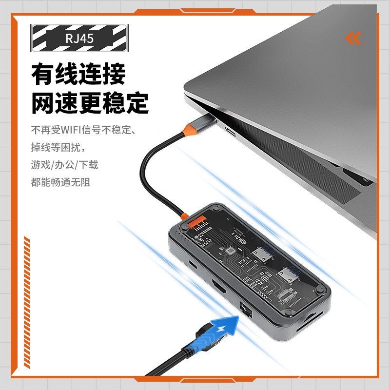 โปร่งใสโปร่งใส type-c สถานีเชื่อมต่อแปดในหนึ่งเดียว usb HUB HUB HUB RJ45 100MI Docking Station PD Fa