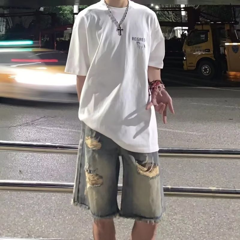 American Retro Washed Ripped Heavy Industry Dirty Dyed Jeans Cropped Pants Men Loose Wide-Leg Pants 