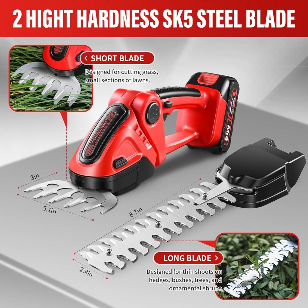 Hedge Trimmer Cordless & Grass Shear,2 x 2.0Ah แบตเตอรี่,2-in-1 Bush Trimmer กรรไกรตัดหญ้ามือถือ,Hed