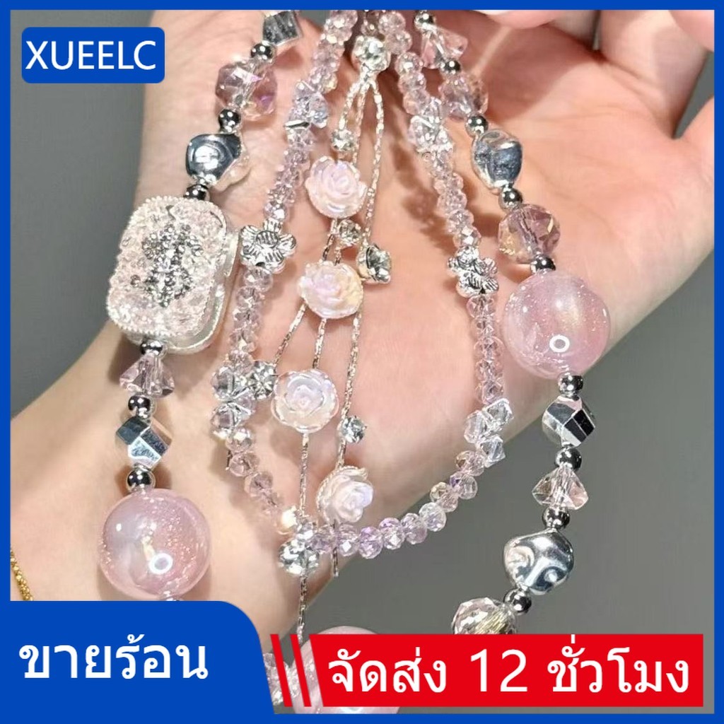ลูกปัดสีชมพูพู่กุหลาบกระเป๋าใส่เหรียญสองชั้นโซ่โทรศัพท์จี้ระดับไฮเอนด์ที่ไม่ซ้ําใคร