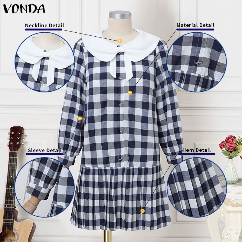 VONDA تنورة كورية بياقة دمية وفيونكة وكسرات كاروهات — صورة 7