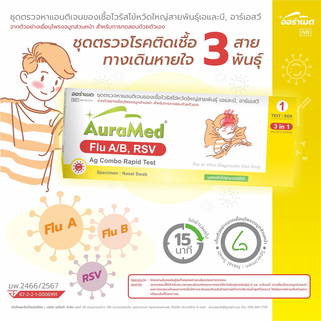Auramed Flu A/B, RSV Ag Combo Rapid Test 3 in 1 กล่อง 1 ชุด